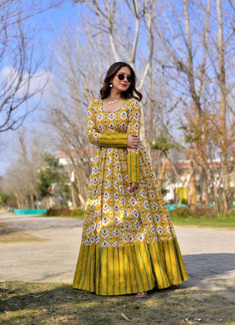 Jyoti Fashion Women's Mustard Heavy Digital Printed Cotton Silk Anarkali Dress | Grocsy