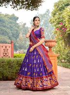 Vastranavya Patola Printed and Foil Work Tussar Silk Lehenga with Unstitched Blouse - Purple | Grocsy