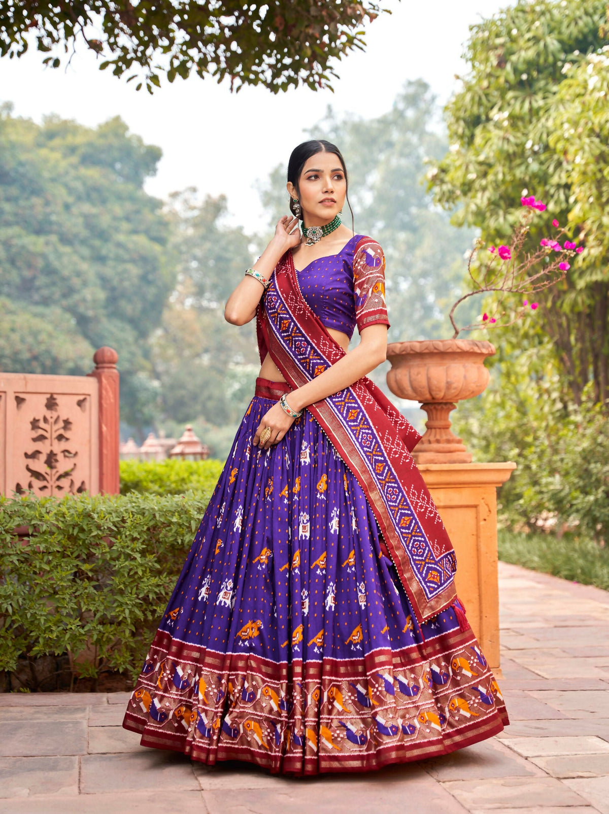 Vastranavya Patola Printed and Foil Work Tussar Silk Lehenga with Unstitched Blouse - Purple | Grocsy