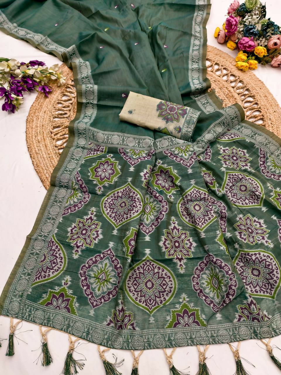 Vastranavya Morpeach Muga Cotton Meenakari & Azarakh Pallu Saree with Contrast Blouse | Grocsy