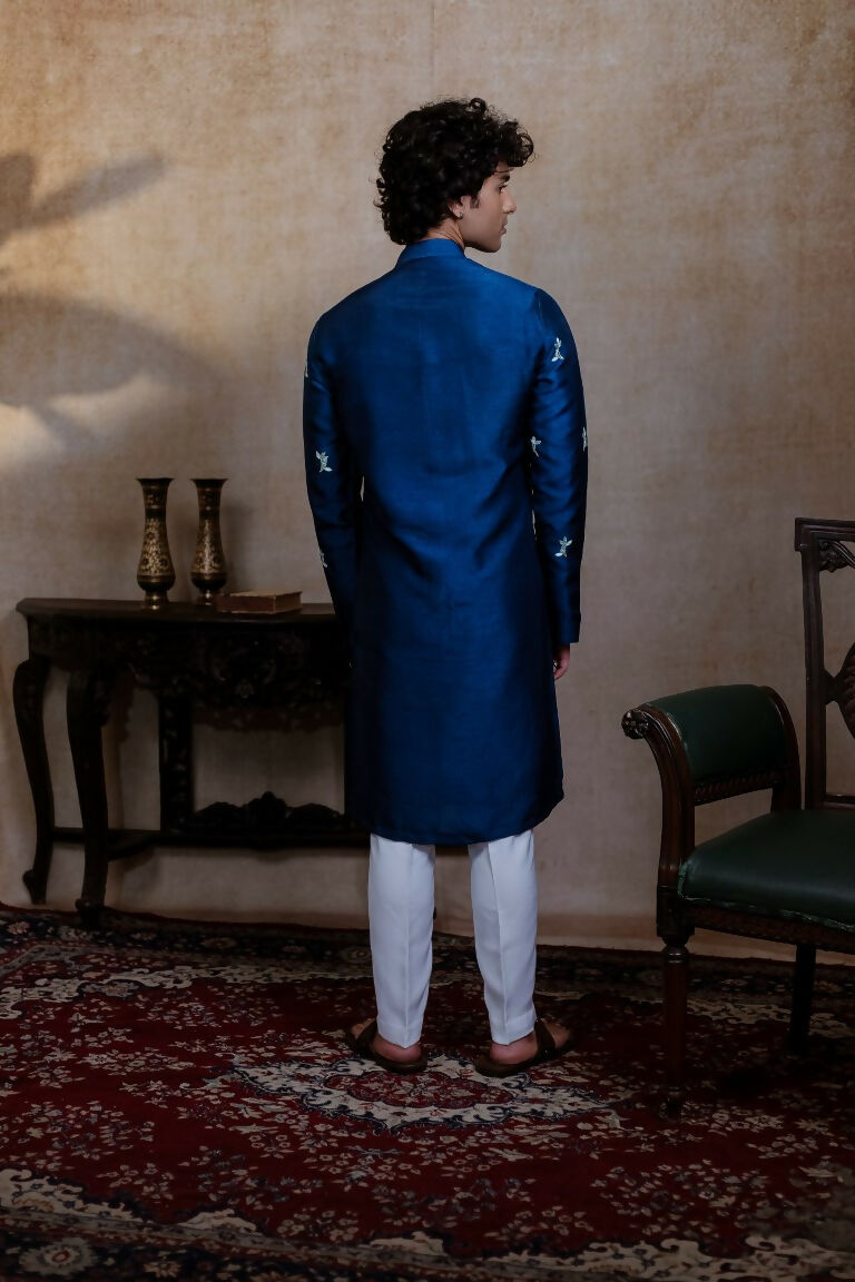 Falling Raw Silk Navy Blue Neel Mayura Kurta Set By Hilo Design | Grocsy