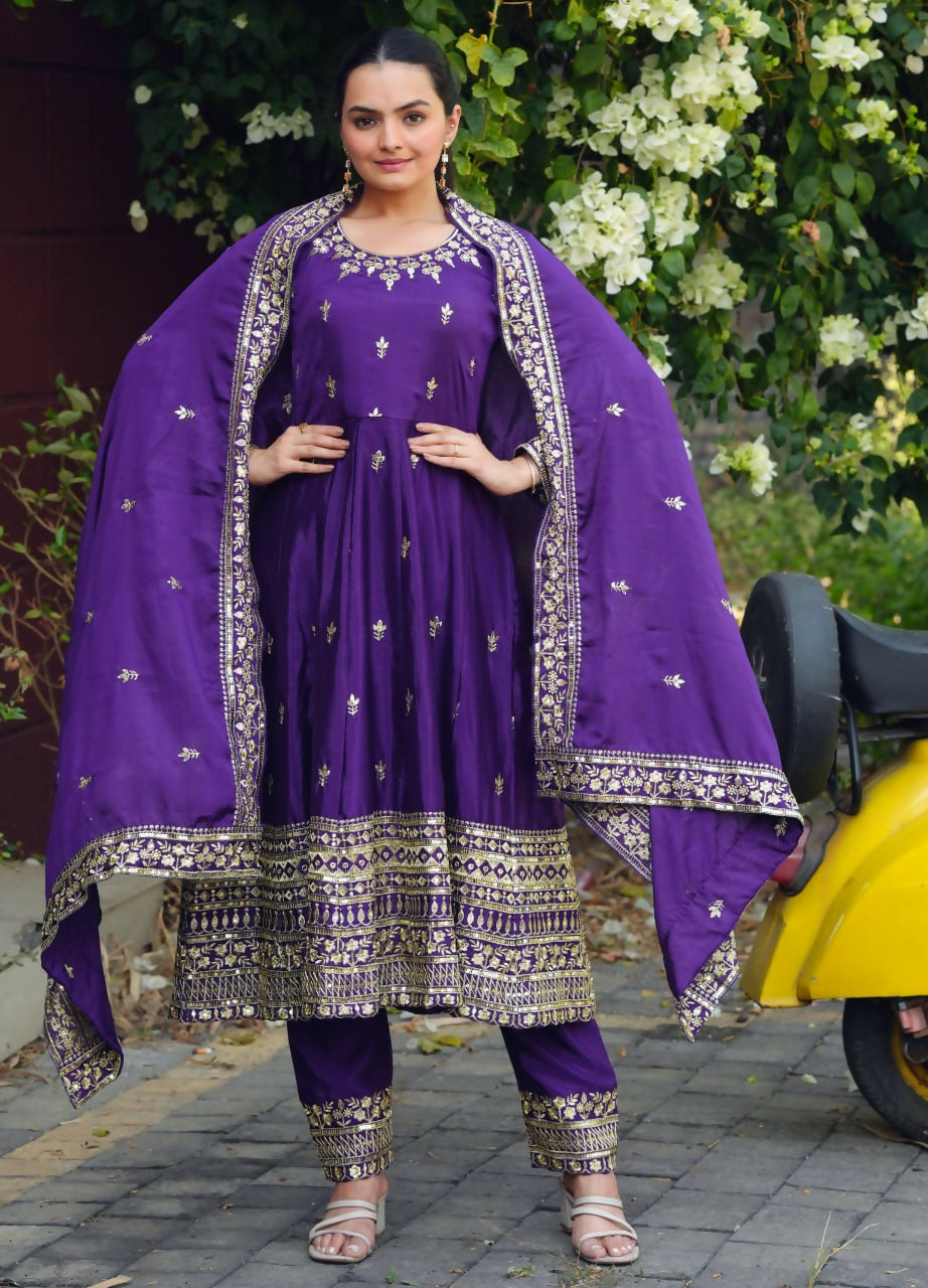 Teeya Creation Purple Color Chinon Silk Embroidery Work Long Gown | Grocsy