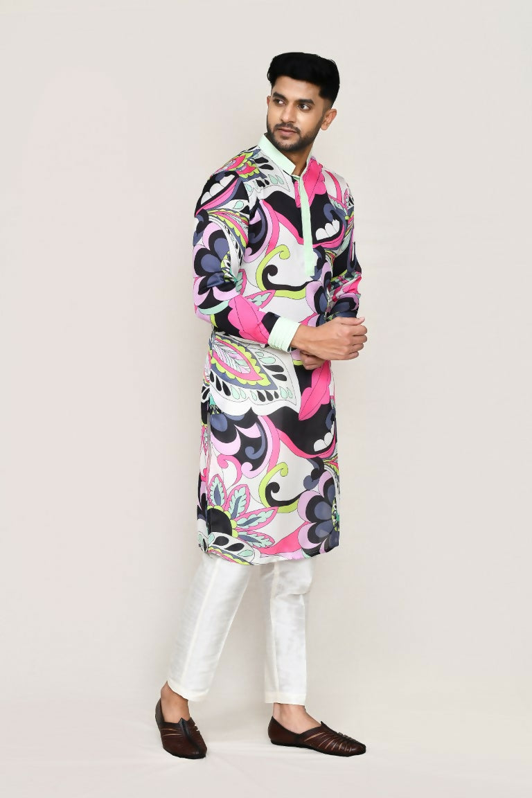 Joban Fashion Printed Colored Satin Silk Fabric Kurta With Straight Fit Pant | Grocsy