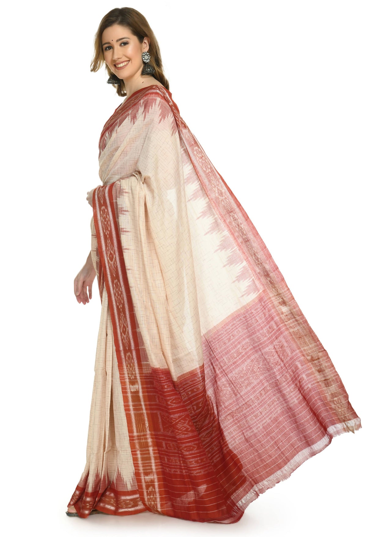 Vamika Sambalpuri Ikat Cotton Jharana Tasrite & Maroon Saree | Grocsy