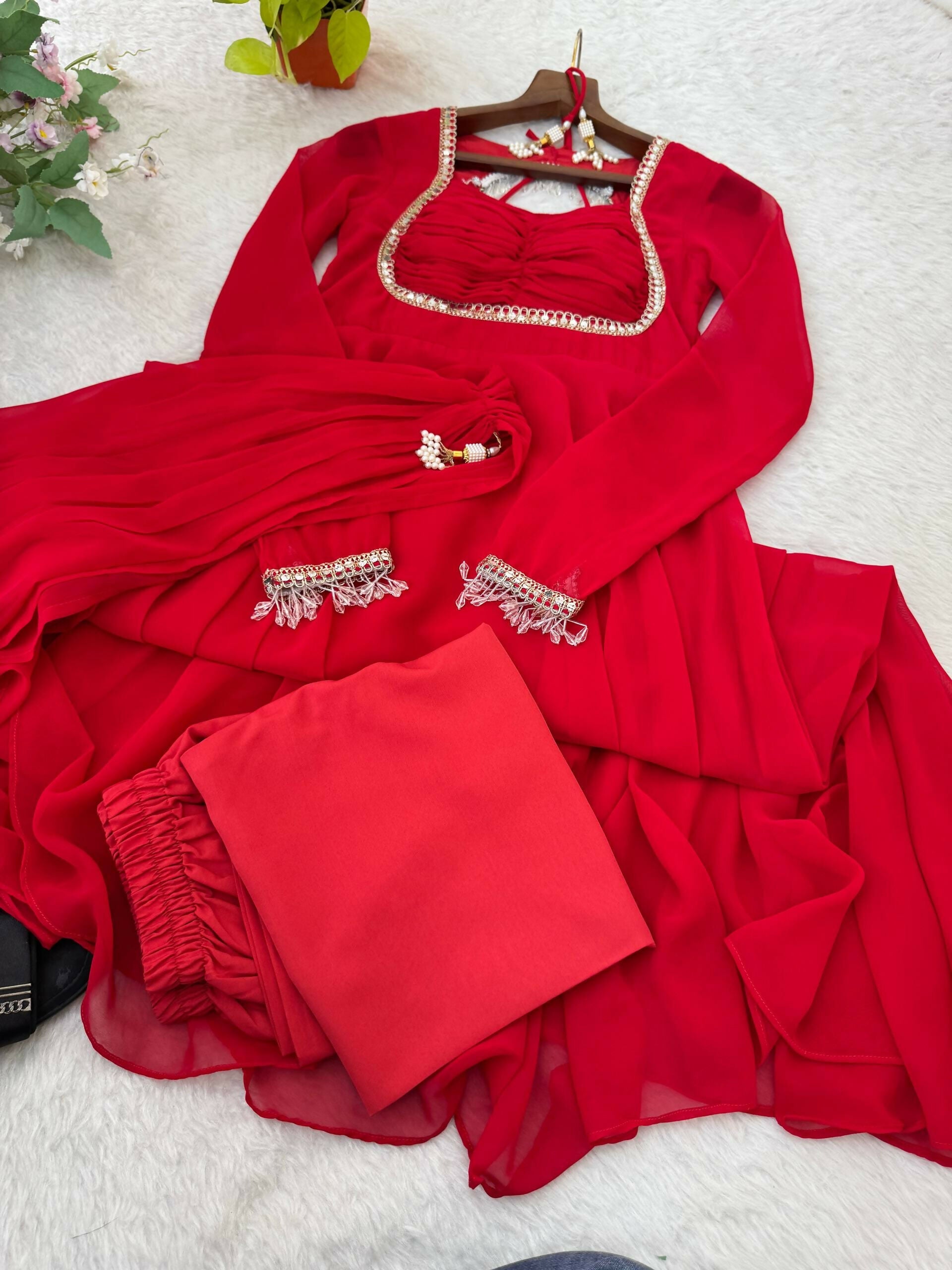 Teeya Creation Womens New Fancy Fox Georgette Heavy Quality Fabric With Handwork Red Gown Set | Grocsy