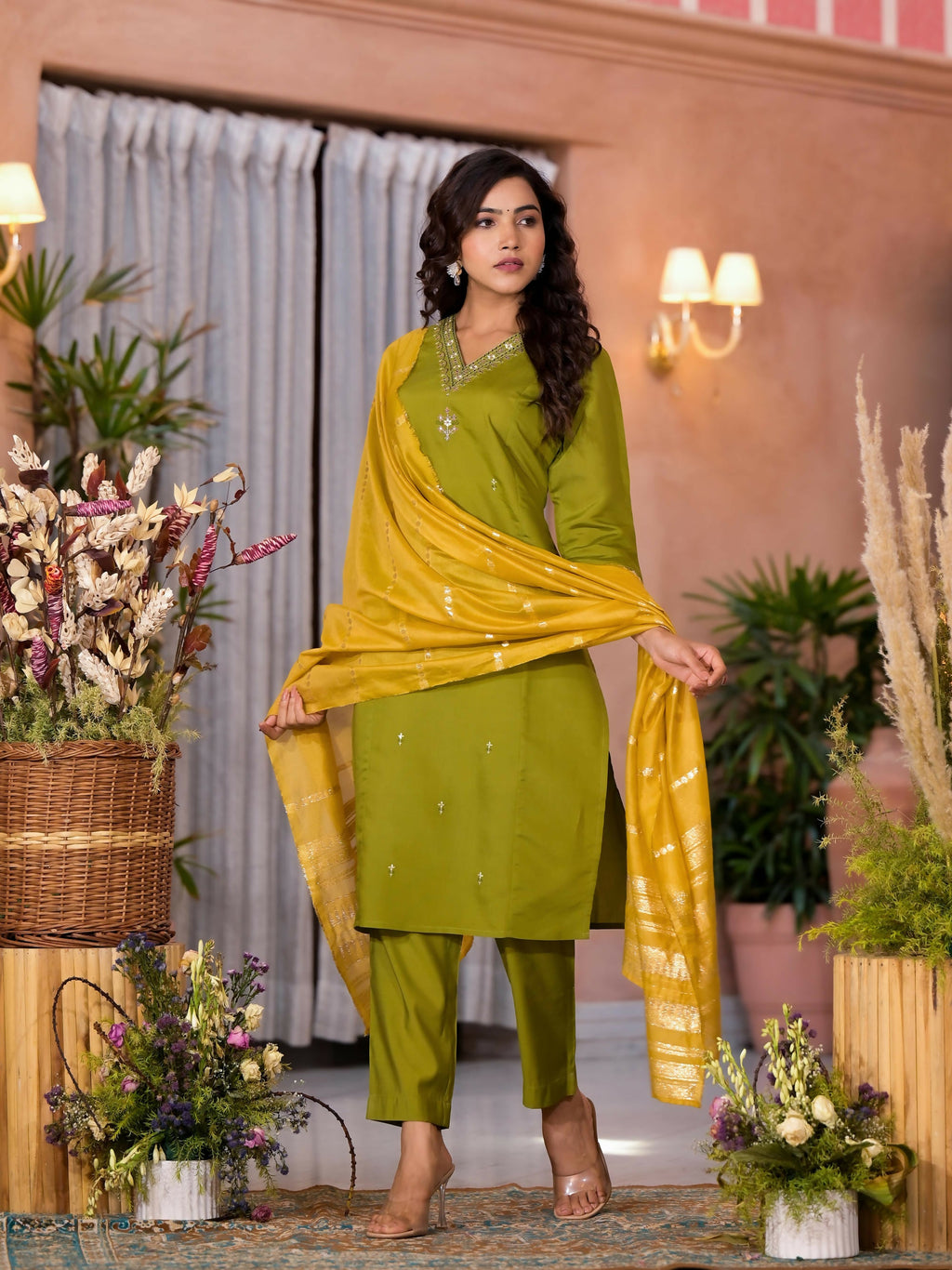 Juniper Women's Green Zari & Thread Work Embroidered Viscose Kurta Pant And Dupatta Set | Grocsy