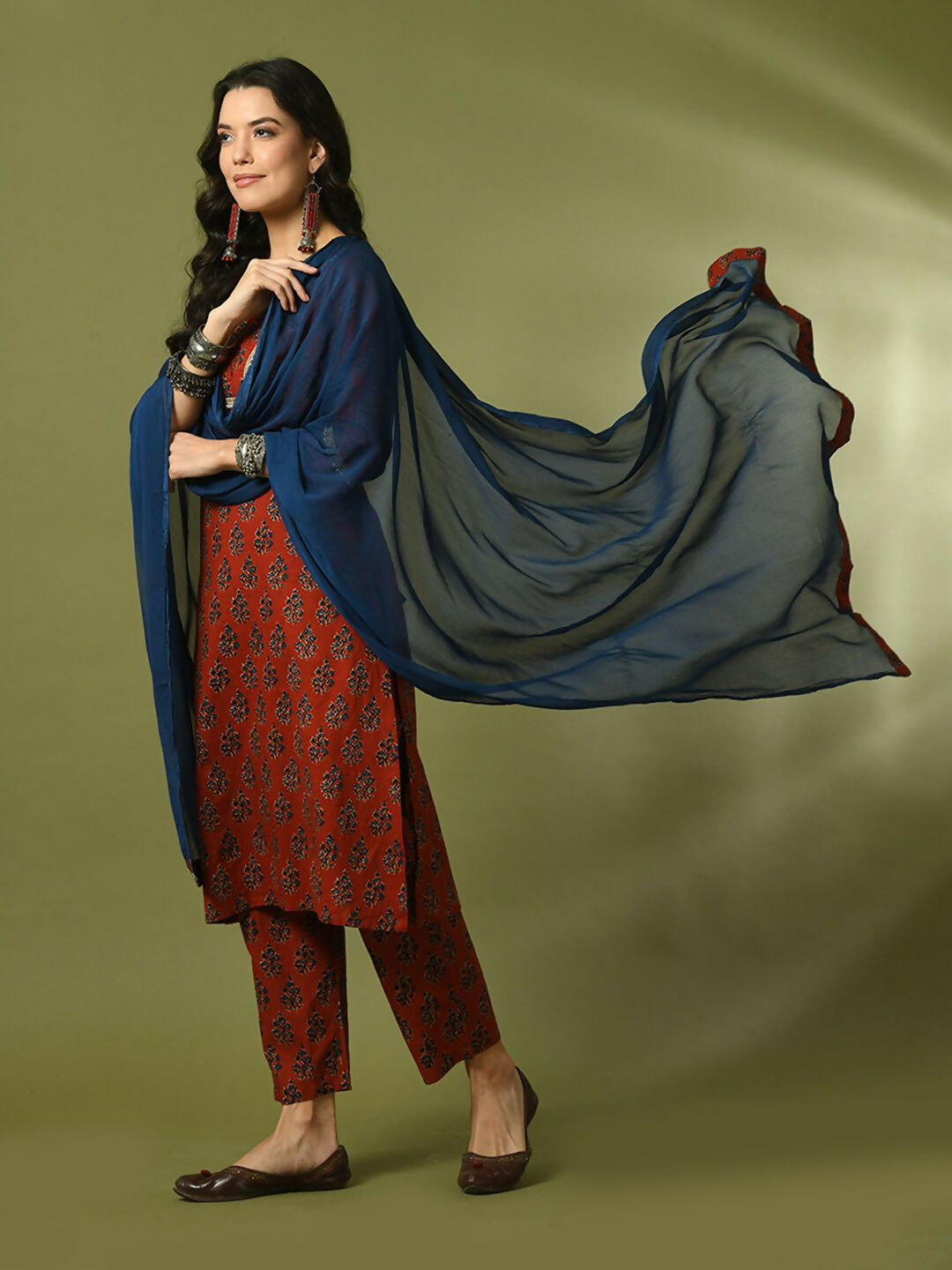 Myshka Women's Rust Printed Cotton Straight Party Kurta Set With Dupatta | Grocsy