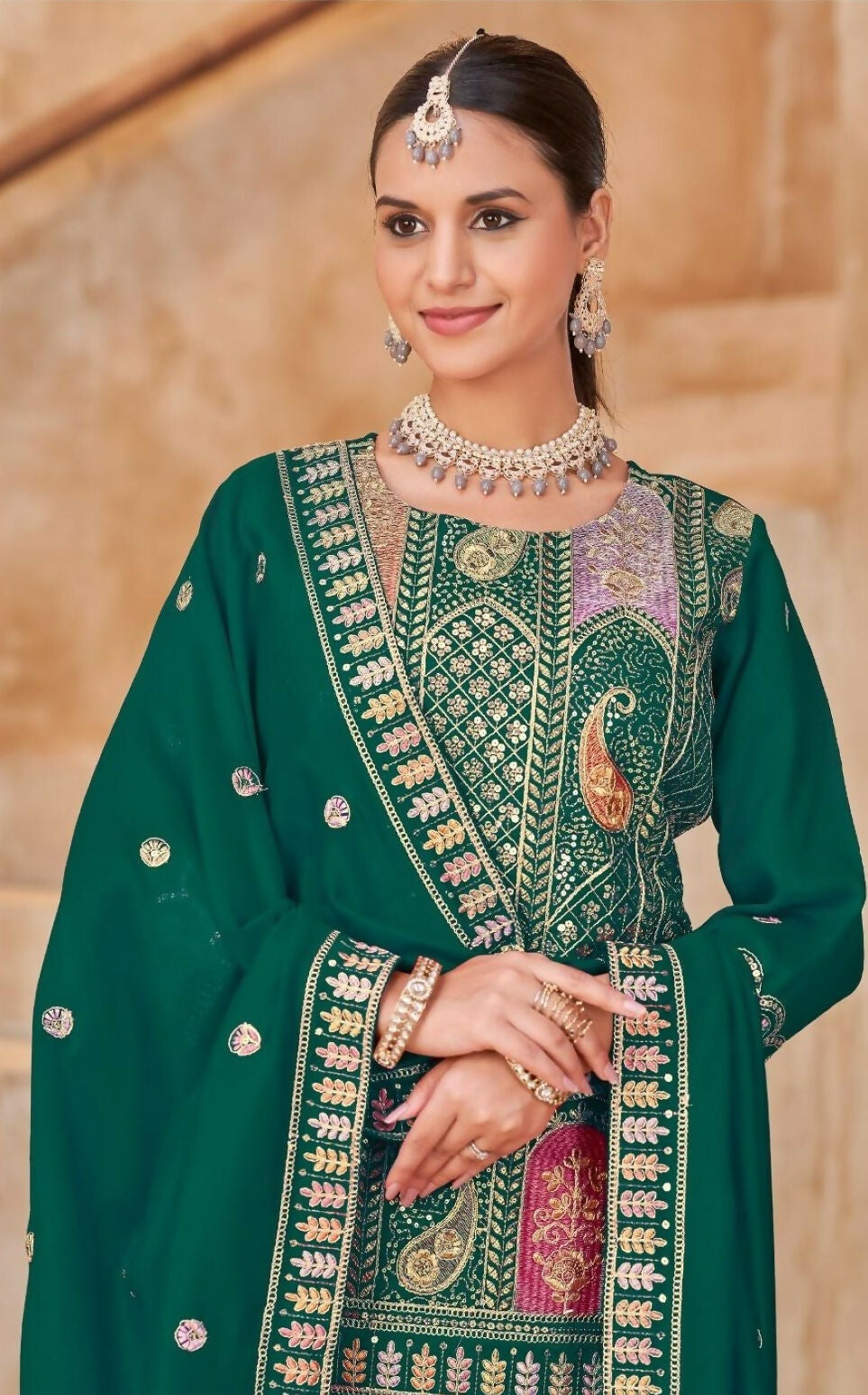 Anaita Green Vichitra Silk Readymade Suit with Embroidery & Lace Work | Grocsy