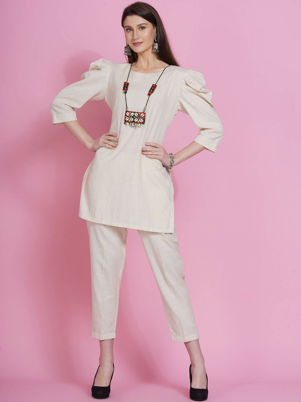 Women Republic Off White Cotton Flex Kurta With Attached Necklace And Pants | Grocsy