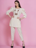 Women Republic Off White Cotton Flex Kurta With Attached Necklace And Pants | Grocsy