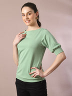 Myshka Women's Sea Green Solid Boat Neck Party Top | Grocsy