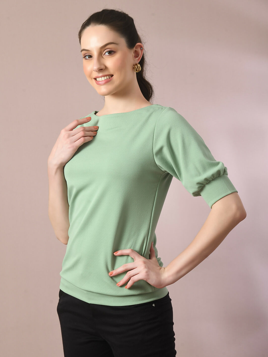Myshka Women's Sea Green Solid Boat Neck Party Top | Grocsy