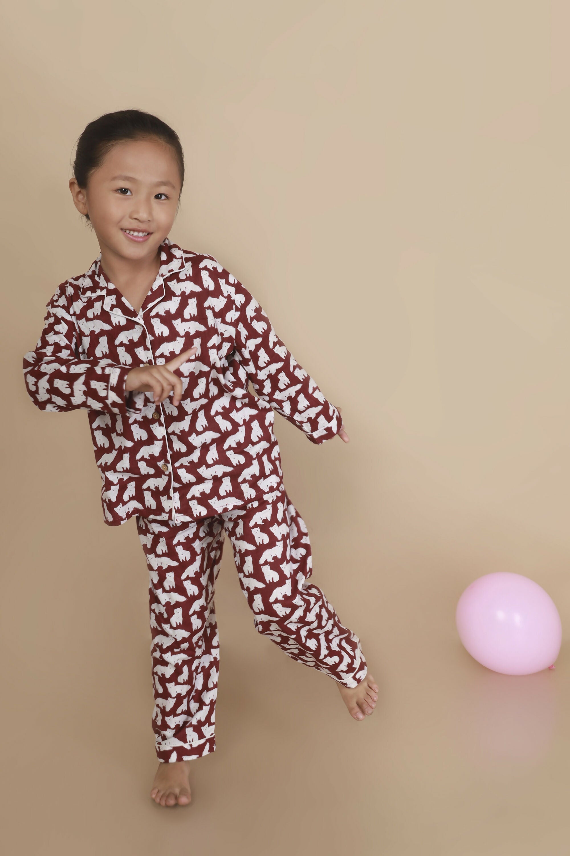 Breathables Kids Cotton Night Suit – Maroon Cat Print Shirt & Pyjama Co-Ord Set For Boys & Girls | Grocsy