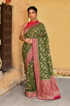 Joban Fashion Green Crepe Chiffon Pure Handloom Banarasi Silk Saree | Grocsy