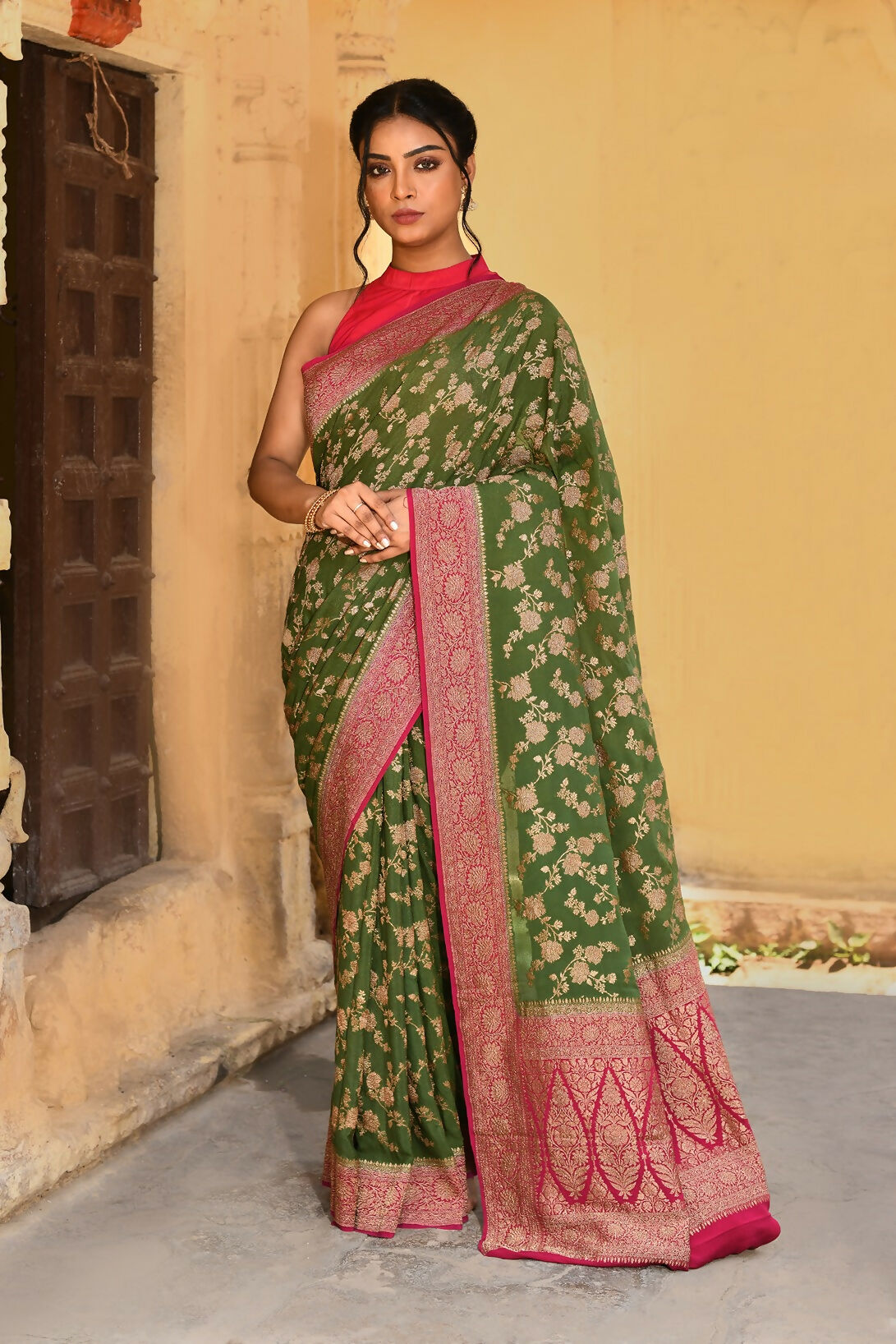 Joban Fashion Green Crepe Chiffon Pure Handloom Banarasi Silk Saree | Grocsy