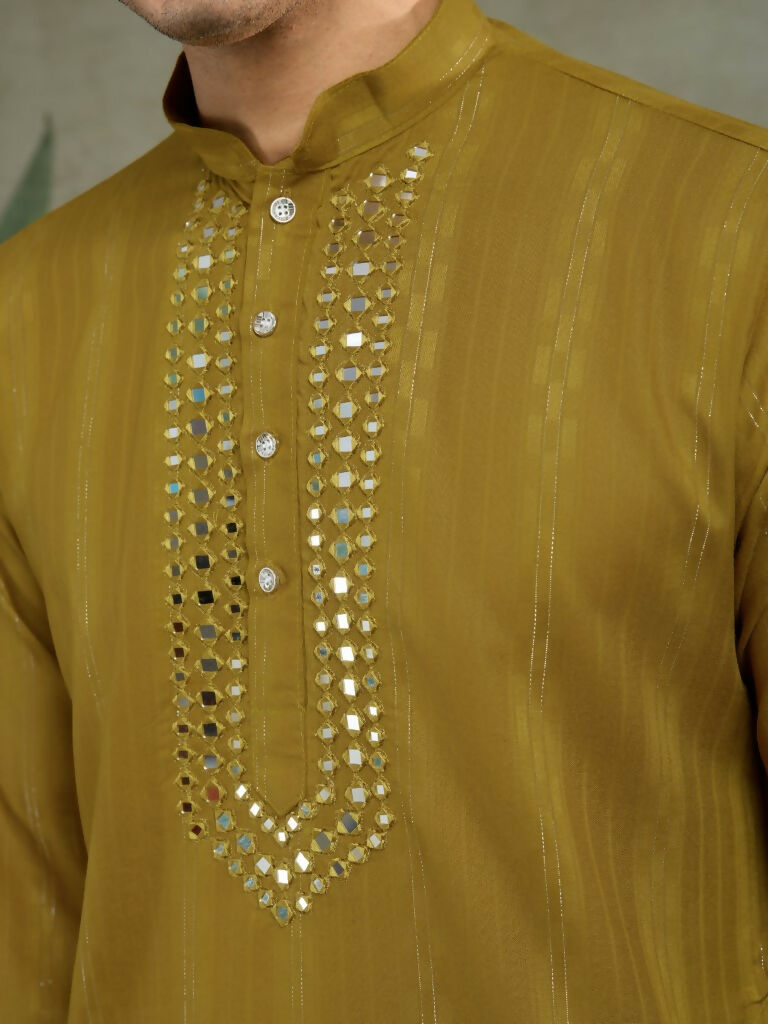 Vastranavya Rust Yellow Exclusive Viscose Rayon Festival Wear Real Mirror Work Kurta with Dupatta | Grocsy