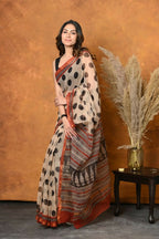 Very Much Indian Handblock Printed Cotton Saree With Natural Dyes - White | Grocsy