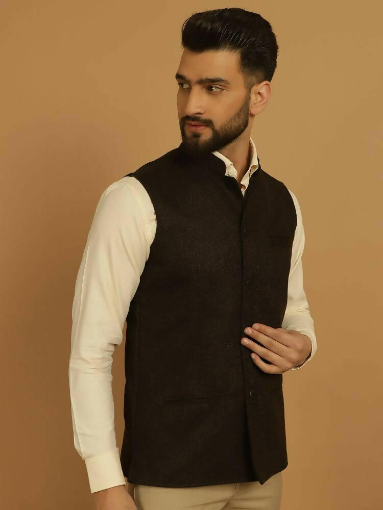 Even Apparels Nehru Jacket With Welt Pockets - Brown | Grocsy