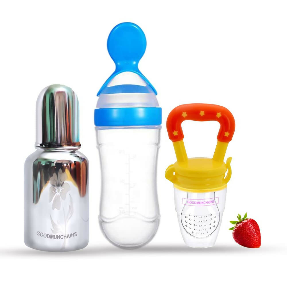 Goodmunchkins Stainless Steel Feeding Bottle, Food Feeder & Fruit Feeder Combo for Baby-(Blue-Yellow, 150ml) | Grocsy