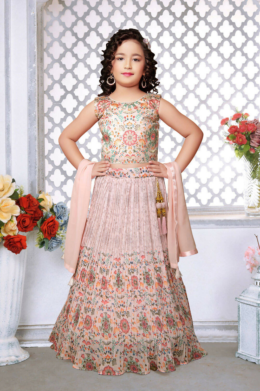 Kids Functional Designer Peach Faux Georgette Lehenga Choli - Aaradhna | Grocsy