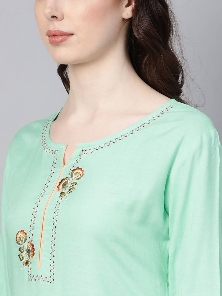 Yufta Women Sea Green & Peach Embroidered Kurta with Palazzo | Grocsy