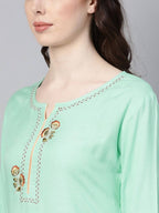 Yufta Women Sea Green & Peach Embroidered Kurta with Palazzo | Grocsy