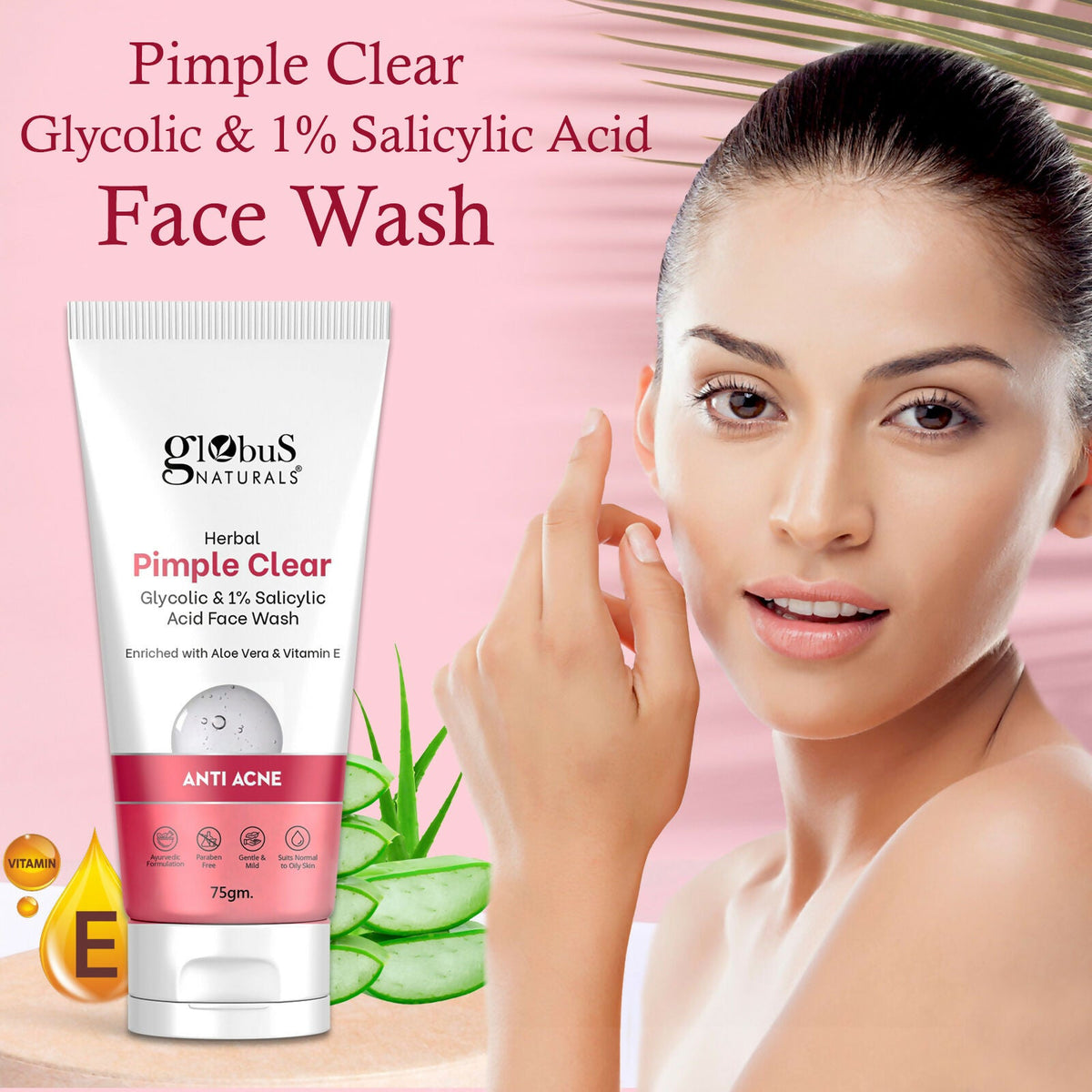 Globus Naturals Herbal Pimple Clear Glycolic & 1% Salicylic Acid Face Wash | Grocsy