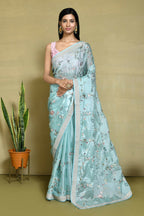 Blue Satin Silk Sequence Embroidered With Stone Work Festive Saree - Nimaya Denzy | Grocsy