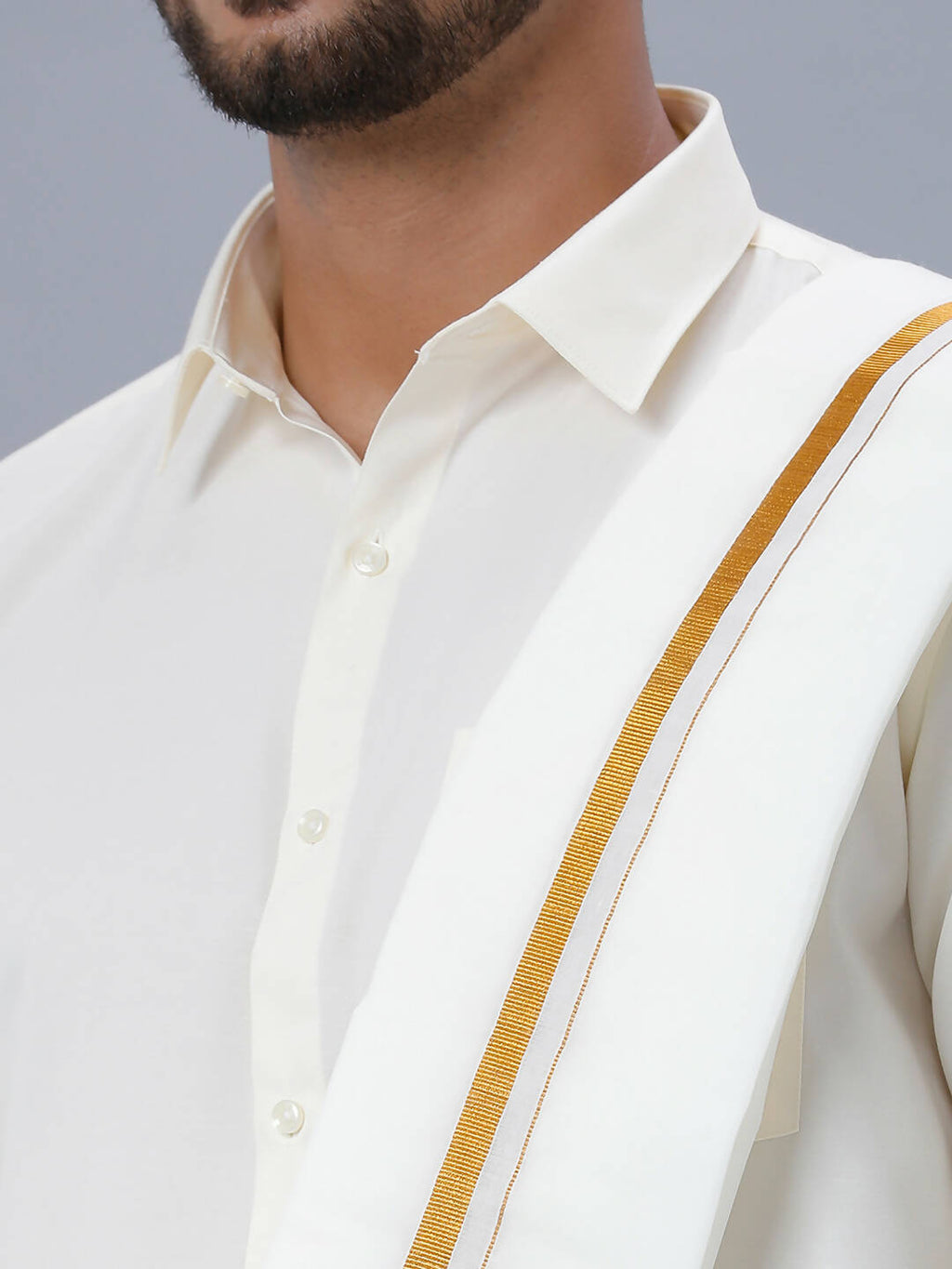 Ramraj Cotton Mens Wedding Set Cream Regular Dhoti, Shirt & Towel Arathi 1/2" | Grocsy