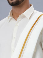 Ramraj Cotton Mens Wedding Set Cream Regular Dhoti, Shirt & Towel Arathi 1/2" | Grocsy