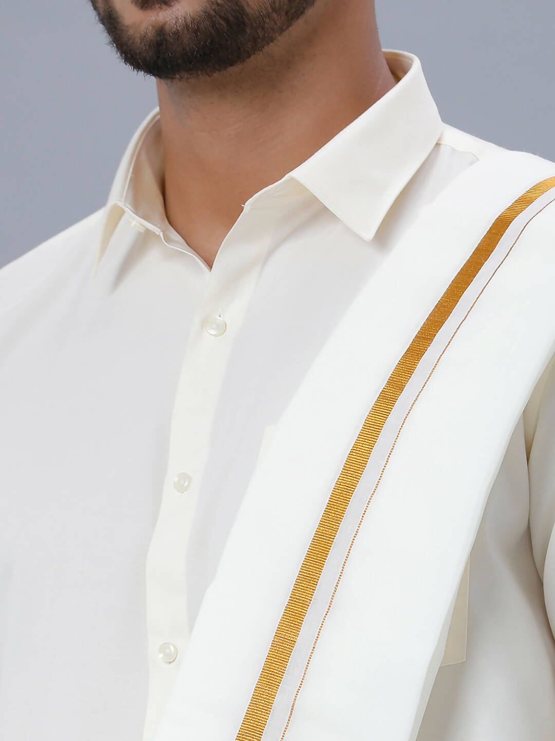 Ramraj Cotton Mens Wedding Set Cream Regular Dhoti, Shirt & Towel Arathi 1/2" | Grocsy