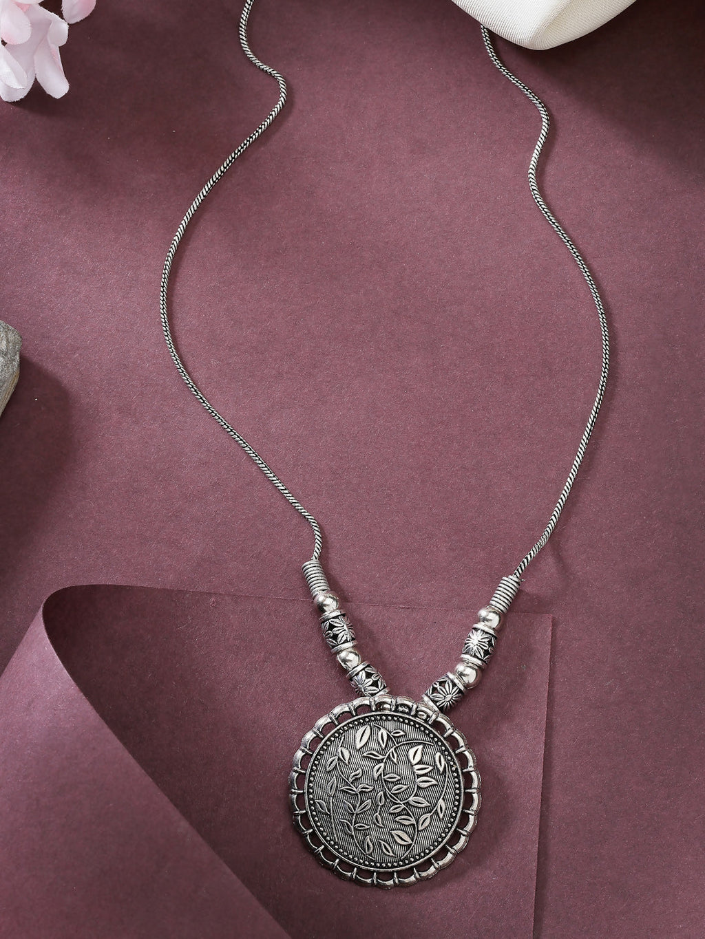 NVR Women's Silver-Toned Circular Shape Pendant with Chain | Grocsy