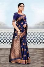 DEIANA'S Beautiful Designer Golden zari Soft Lichi Silk Saree - Blue | Grocsy