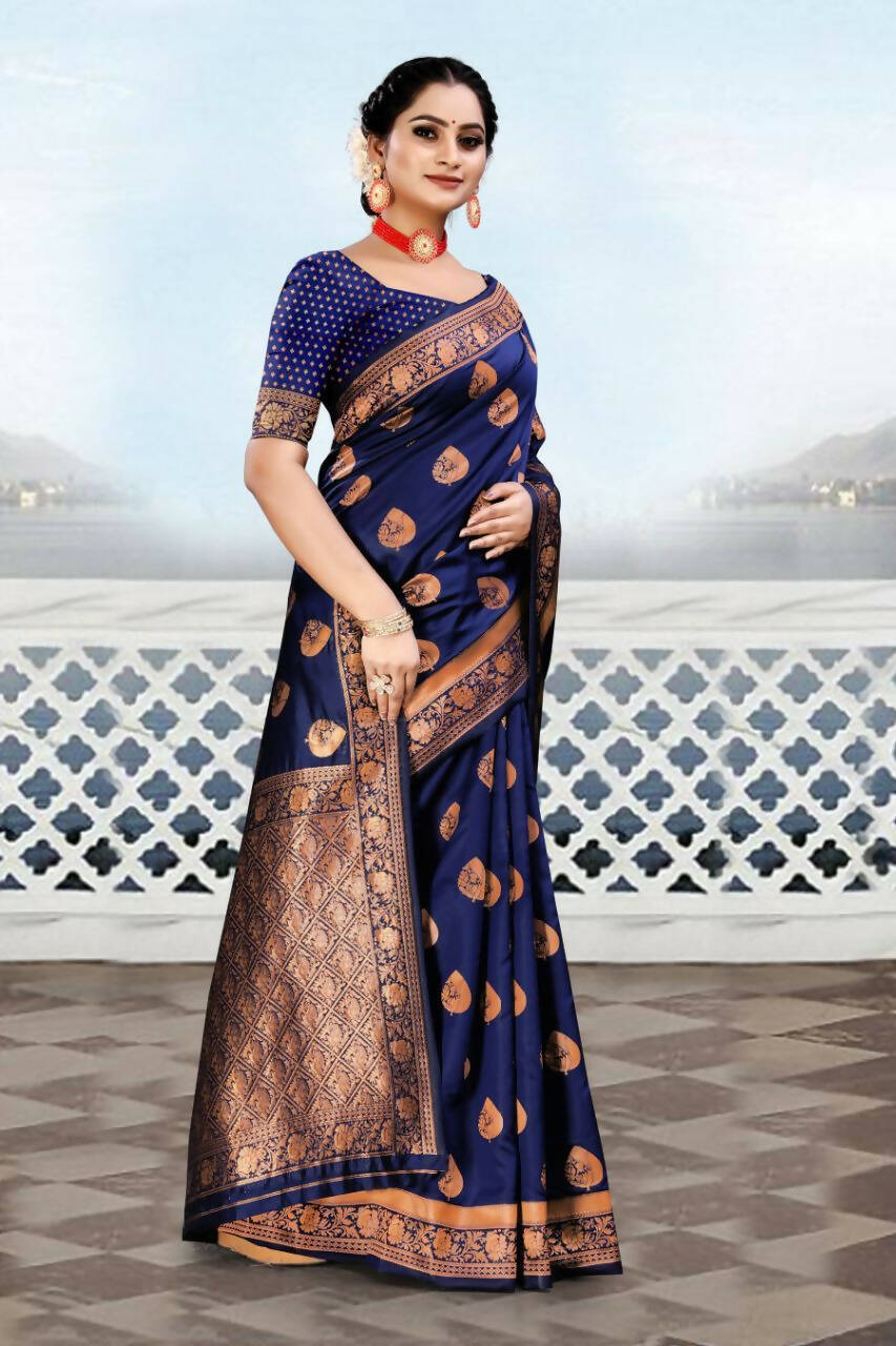 DEIANA'S Beautiful Designer Golden zari Soft Lichi Silk Saree - Blue | Grocsy