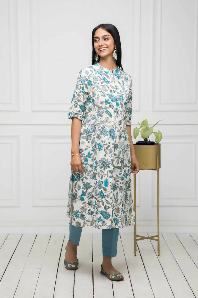 Myshka Women Multi Floral Cotton A-Line Mandarin Collar Kurtas | Grocsy