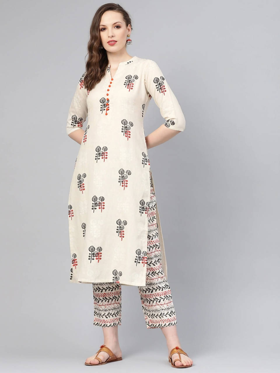 Vamika Printed Cotton Cream Party Wear/Casual Wear Kurta Set/Suit | Grocsy