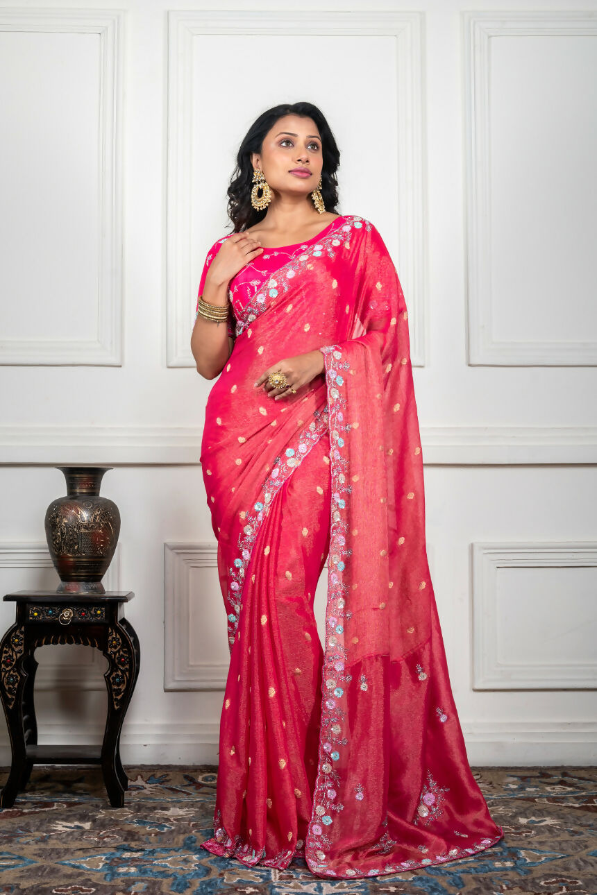 Morchari Pink Pure Chiffon Hand Embroidery Saree And Stitched Blouse | Grocsy
