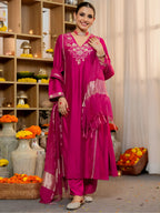The52 Women's Beautiful Viscose Silk Fabric Embroidery Work A-Line Kurta Pant and Dupatta Set | Grocsy