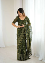 PR Fashion Mehendi Georgette Patta Plain With Foil Work And Small Lace And Zalar Lace Saree | Grocsy