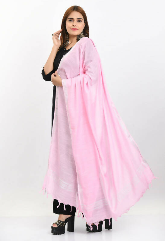 Mominos Fashion Moeza Women's Linen Cotton Silver Border Baby Pink Dupatta | Grocsy