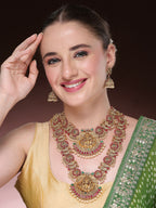 NVR Women's Set of 2 Gold-Polished Green & Pink Stone Studded Peacock & Lakshmi Design Temple Jewellery Set | Grocsy