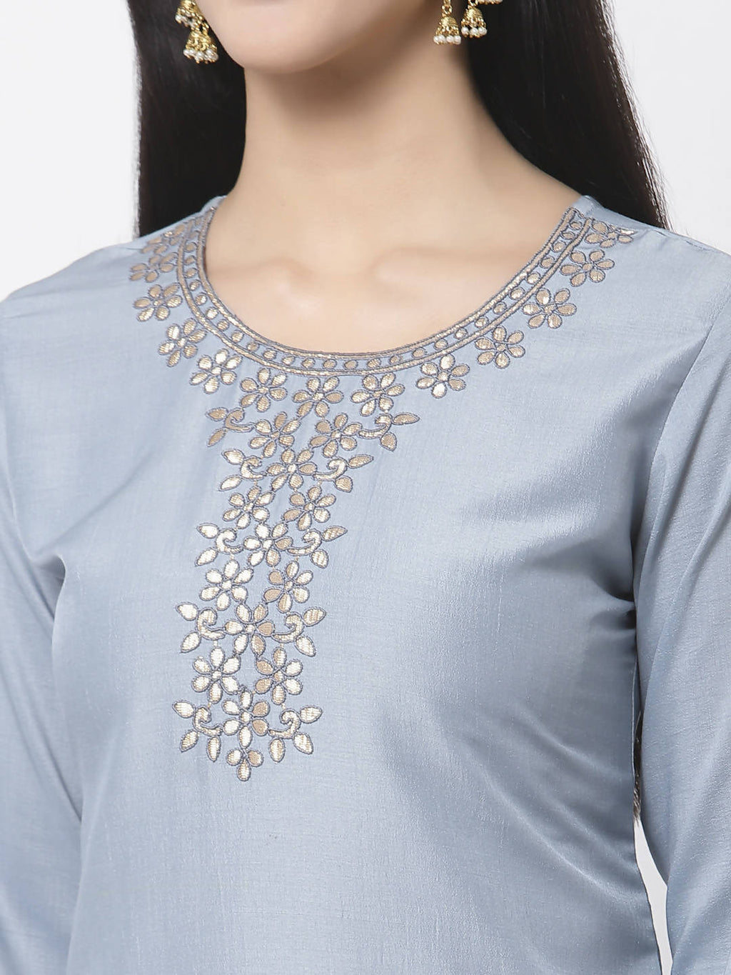 Myshka Women Light Blue Silk Blend Embroidered 3/4 Sleeve Round Neck Kurta Pant Dupatta Set | Grocsy