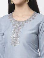 Myshka Women Light Blue Silk Blend Embroidered 3/4 Sleeve Round Neck Kurta Pant Dupatta Set | Grocsy