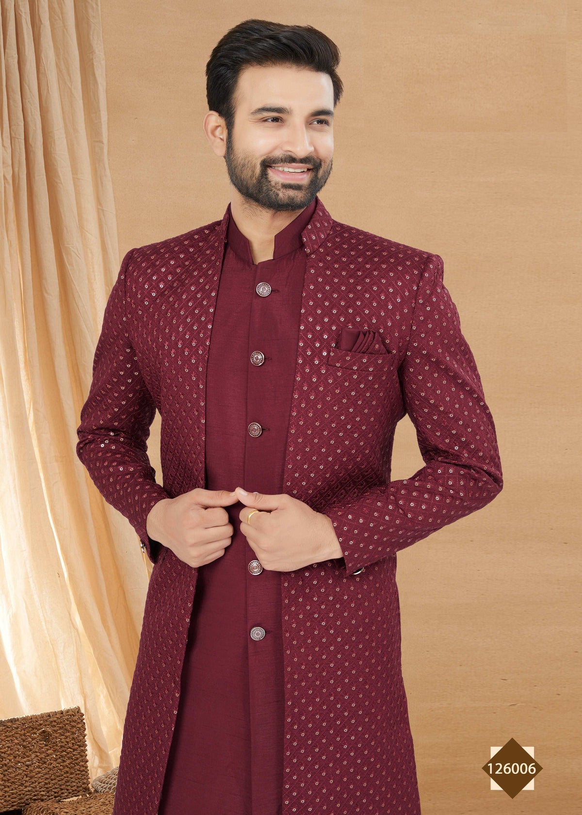 Joban Fashion Men's Maroon Heavy Art Silk Plain Indowestern | Grocsy