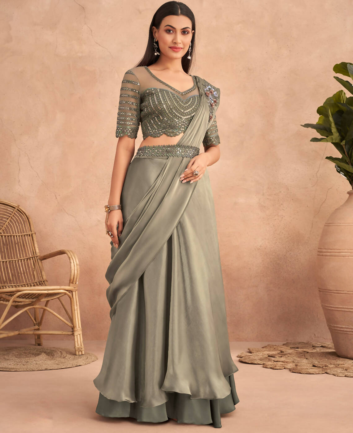 Green Satin Embroidered Ready To Wear Saree With Unstitched Blouse Piece - Nandika | Grocsy