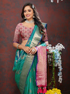 Lorenvalley Fashion Teal Soft Silk Woven Design Zari Weaving Saree | Grocsy