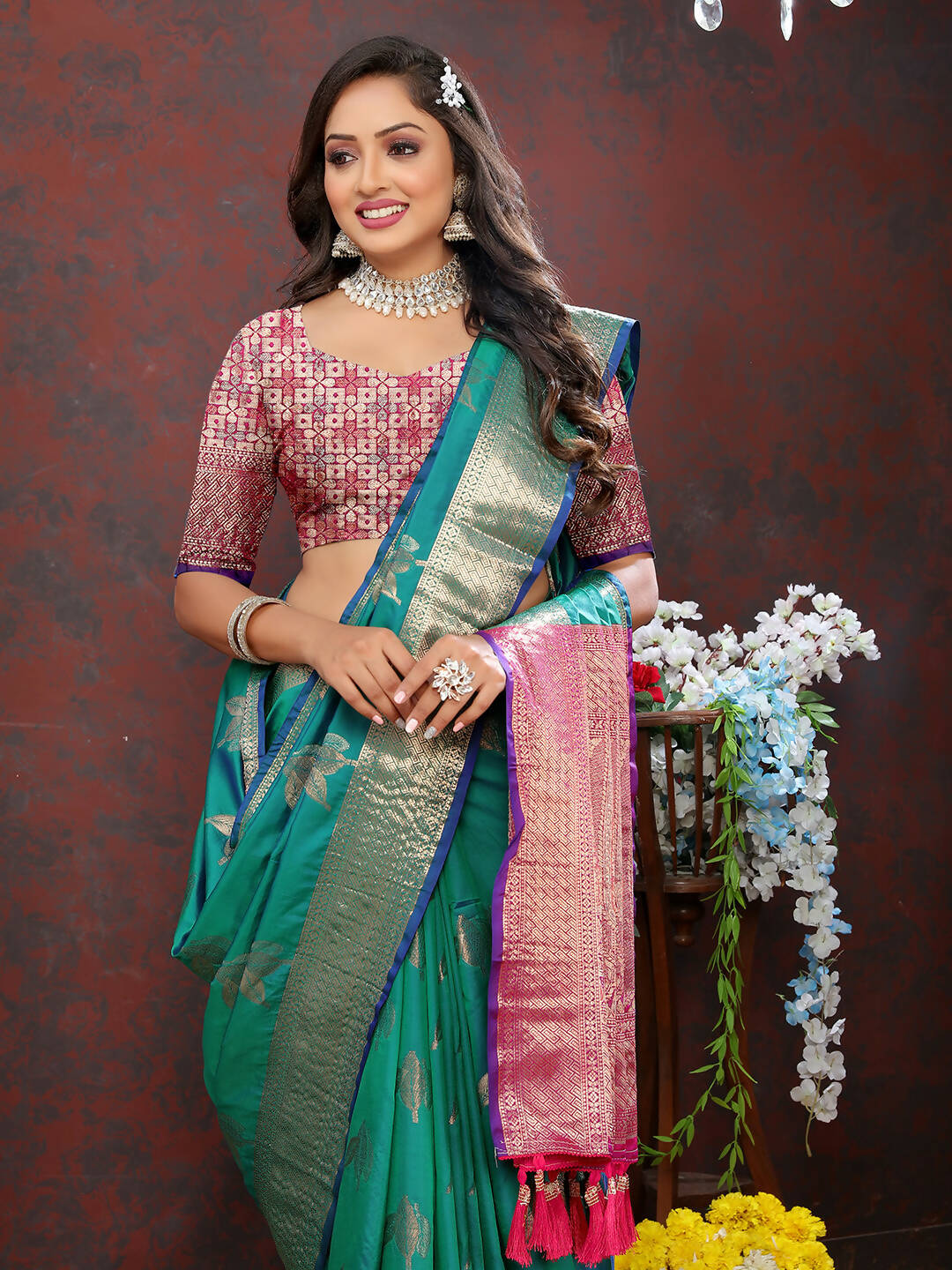 Lorenvalley Fashion Teal Soft Silk Woven Design Zari Weaving Saree | Grocsy