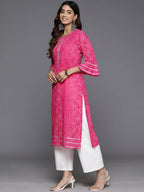 Ahalyaa Women Beige Floral Printed Regular Gotta Patti Kurta - Pink | Grocsy
