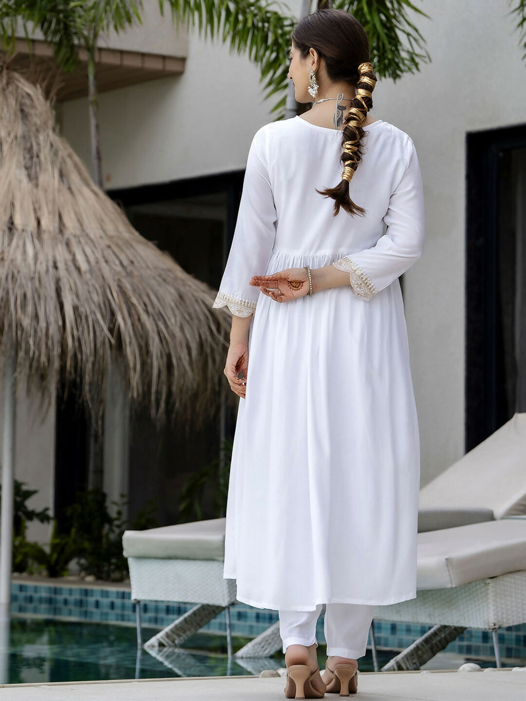 The52 White Women's Gorgeous Embroidered Chanderi Fabric Straight Kurta, Pant and Dupatta Set | Grocsy