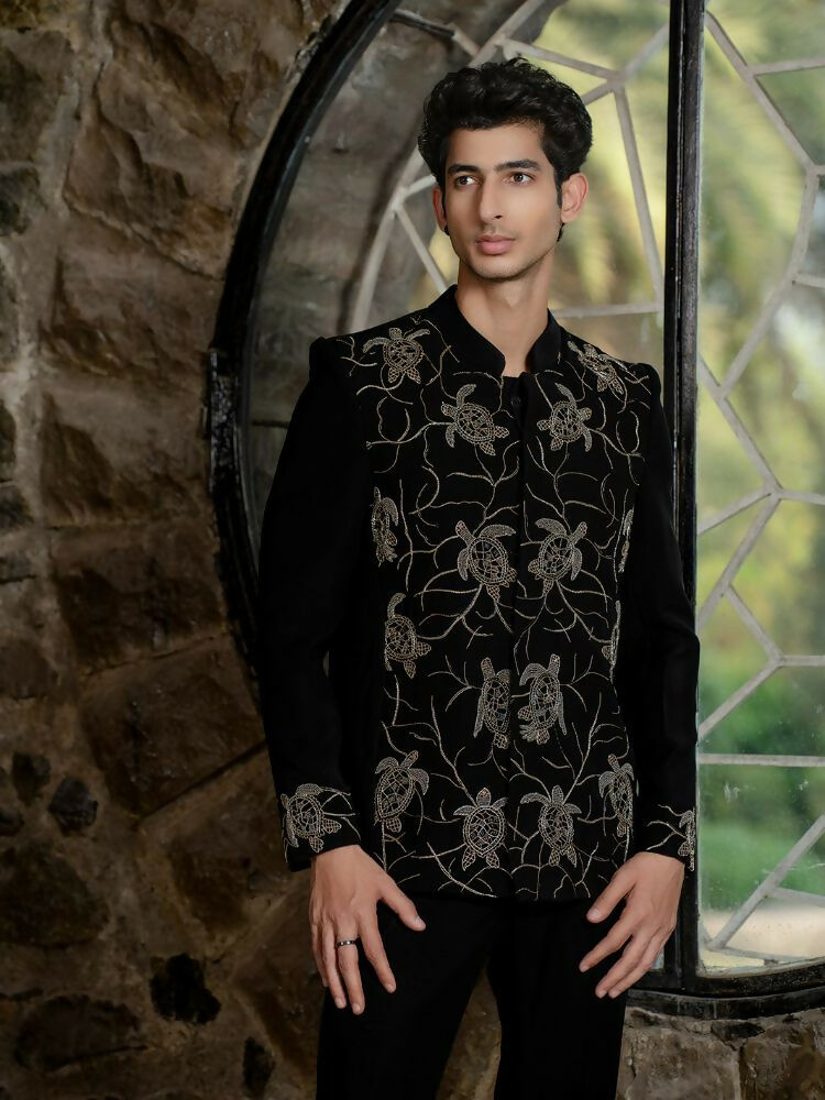 Classic Black Bandhgala Ensemble – Tortoise Embroidery by Hilo Design | Grocsy